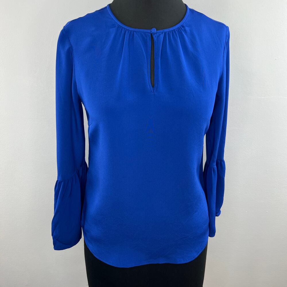 J. Crew Long Bell Sleeve Keyhole Neck 100% Silk Blue Blouse Top Style Size 0 XS
